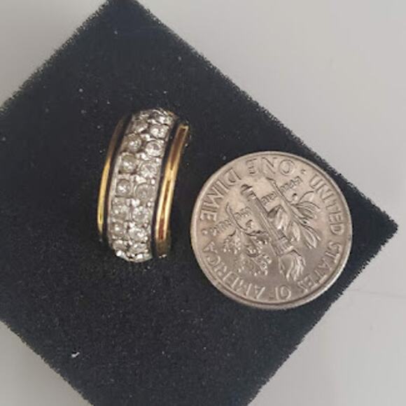 VTG Swarovski Half Hoop Earrings Black Enamel Accents Swan Signed 80's Clip On - Picture 4 of 6